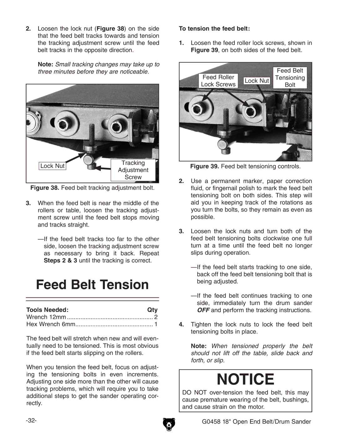 Grizzly G0458 instruction manual Feed Belt Tension, To tension the feed belt 