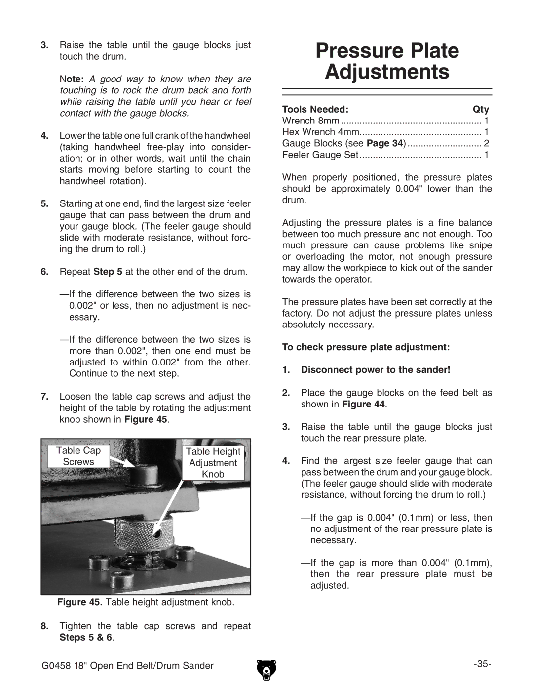 Grizzly G0458 instruction manual Pressure Plate Adjustments 