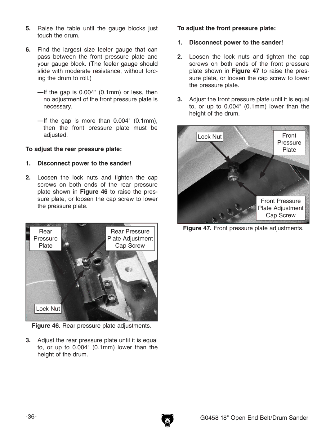 Grizzly G0458 instruction manual Plate Adjustment 