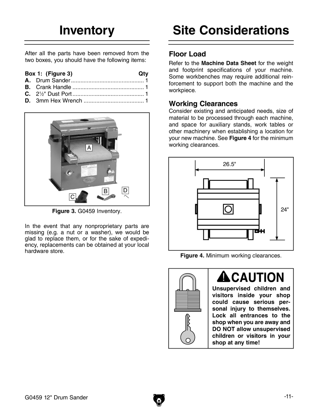 Grizzly G0459 owner manual Inventory, Site Considerations, Floor Load, Working Clearances, Box 1 Figure Qty 