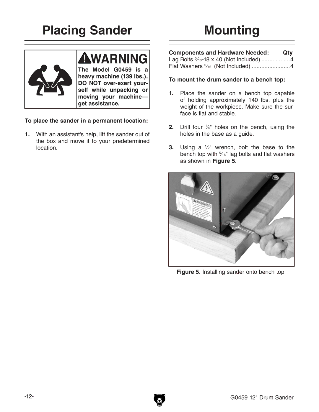 Grizzly G0459 Placing Sander, Mounting, Components and Hardware Needed Qty, To mount the drum sander to a bench top 