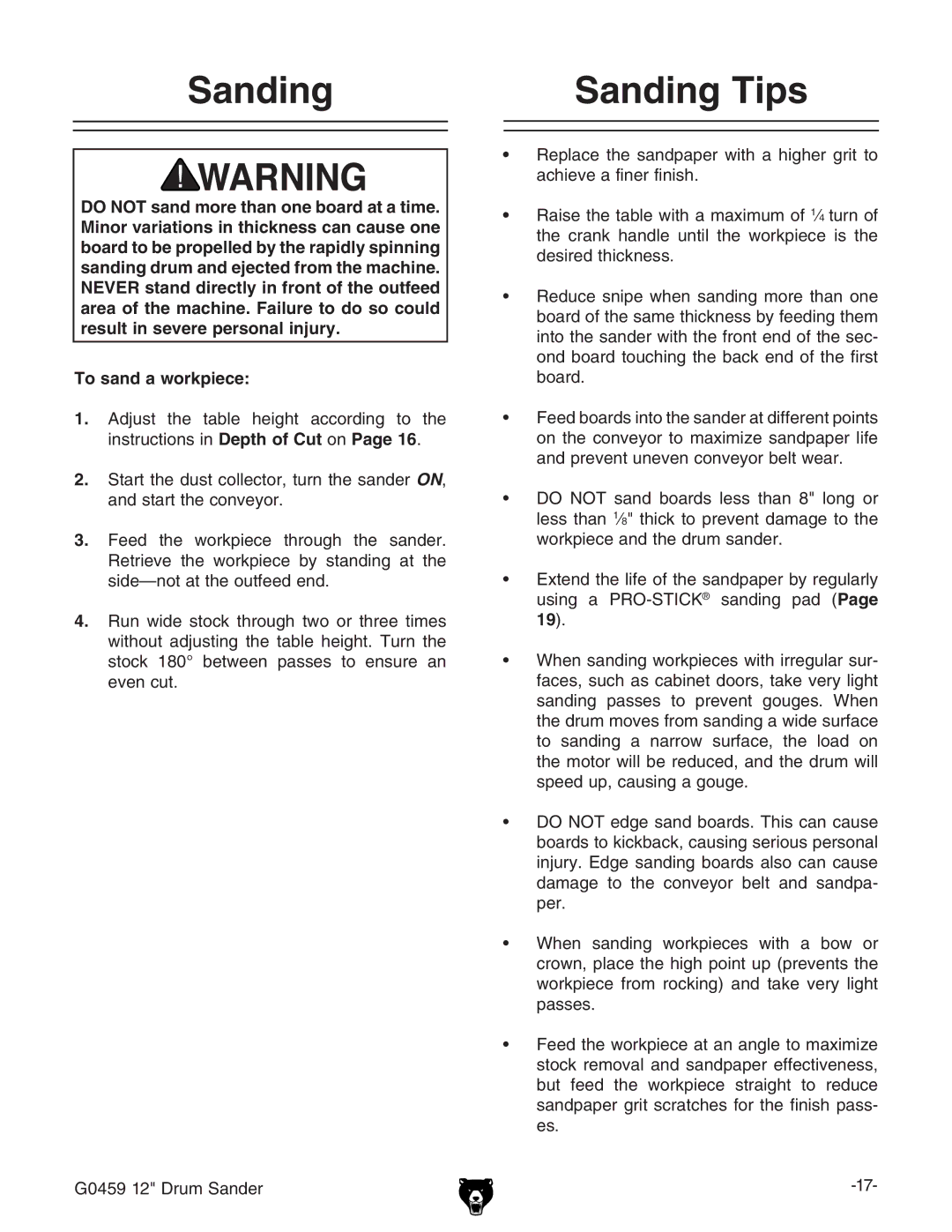 Grizzly G0459 owner manual Sanding Tips, To sand a workpiece 