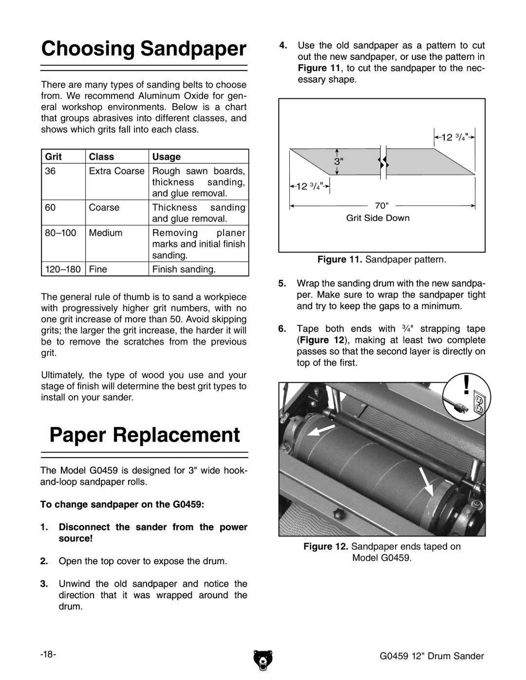 Grizzly G0459 owner manual Choosing Sandpaper, Paper Replacement, Grit Class Usage 