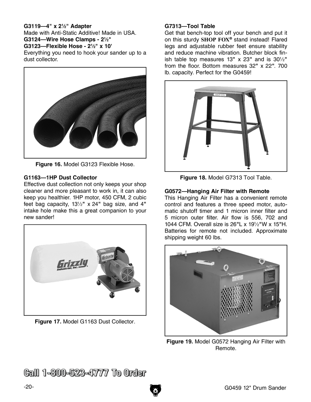 Grizzly G0459 G3119-4 x 21⁄2 Adapter, G3124-Wire Hose Clamps 21⁄2 G3123-Flexible Hose 21⁄2 x, G1163-1HP Dust Collector 