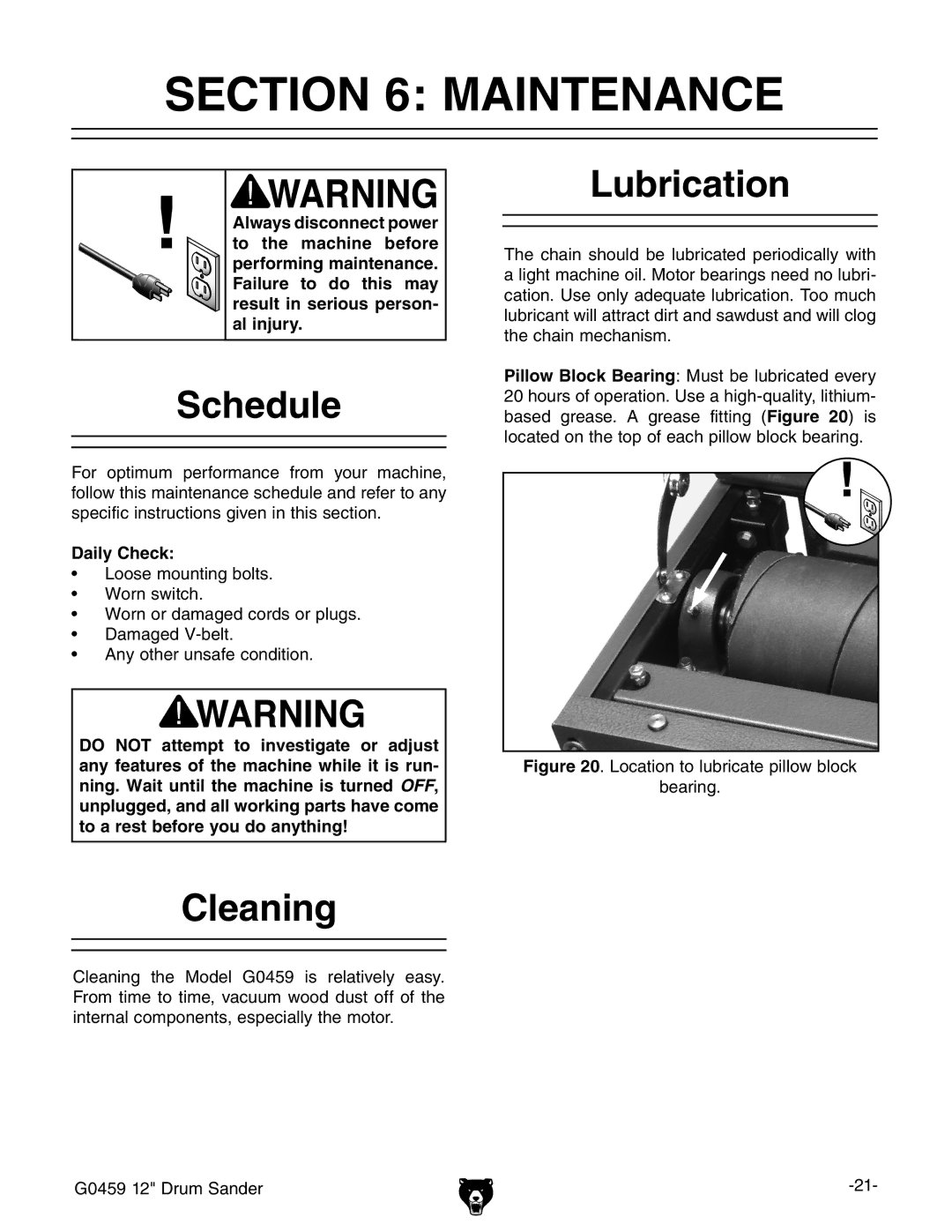 Grizzly G0459 owner manual Maintenance, Schedule, Lubrication, Cleaning, Daily Check 