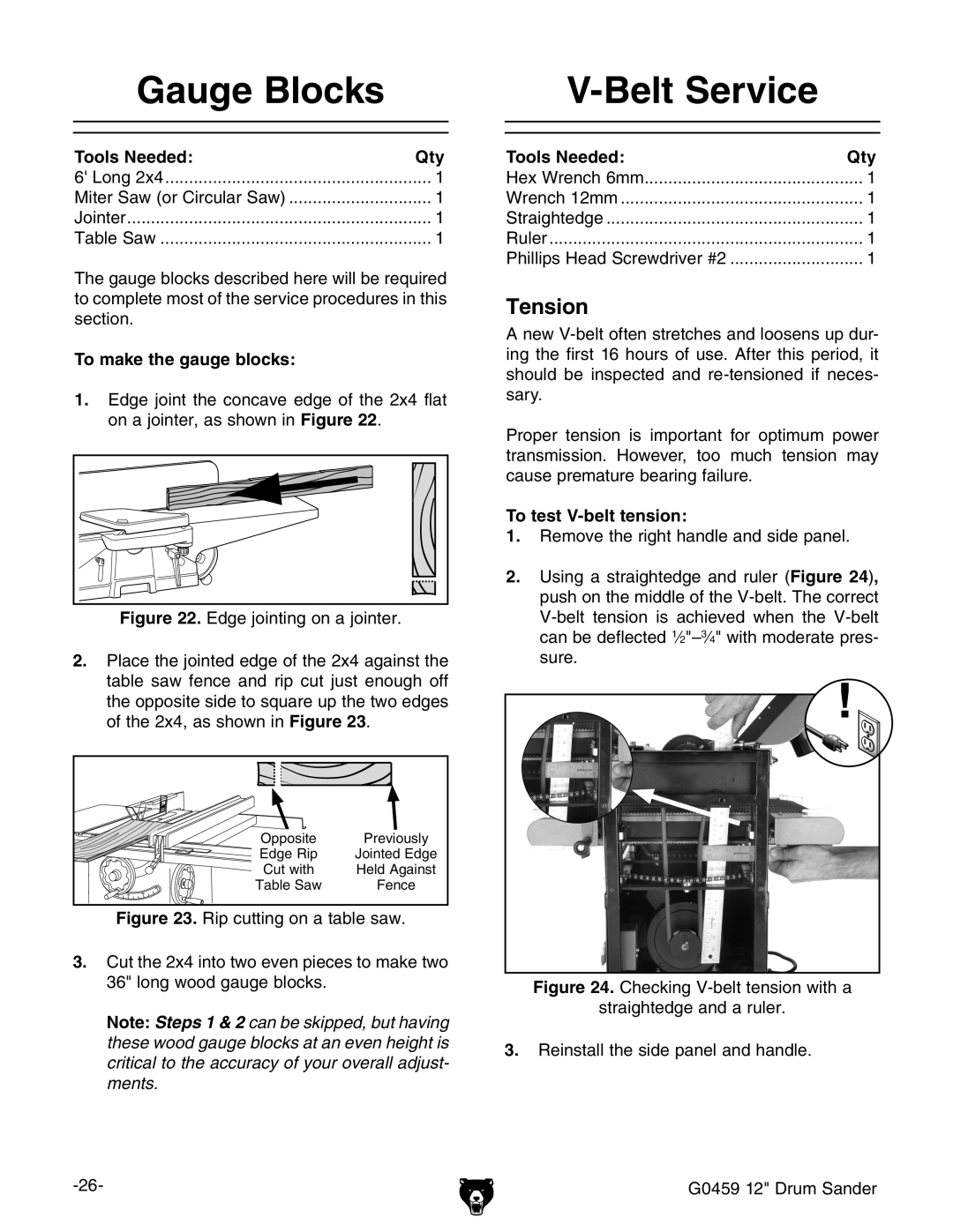 Grizzly G0459 owner manual Gauge Blocks, Belt Service, Tension 