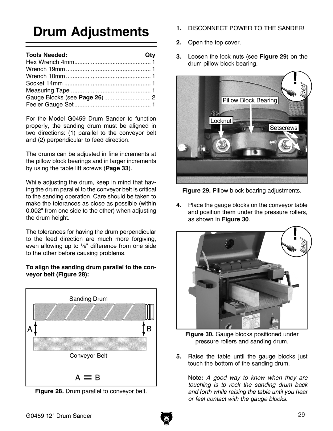 Grizzly owner manual Drum Adjustments, Drum parallel to conveyor belt G0459 12 Drum Sander 