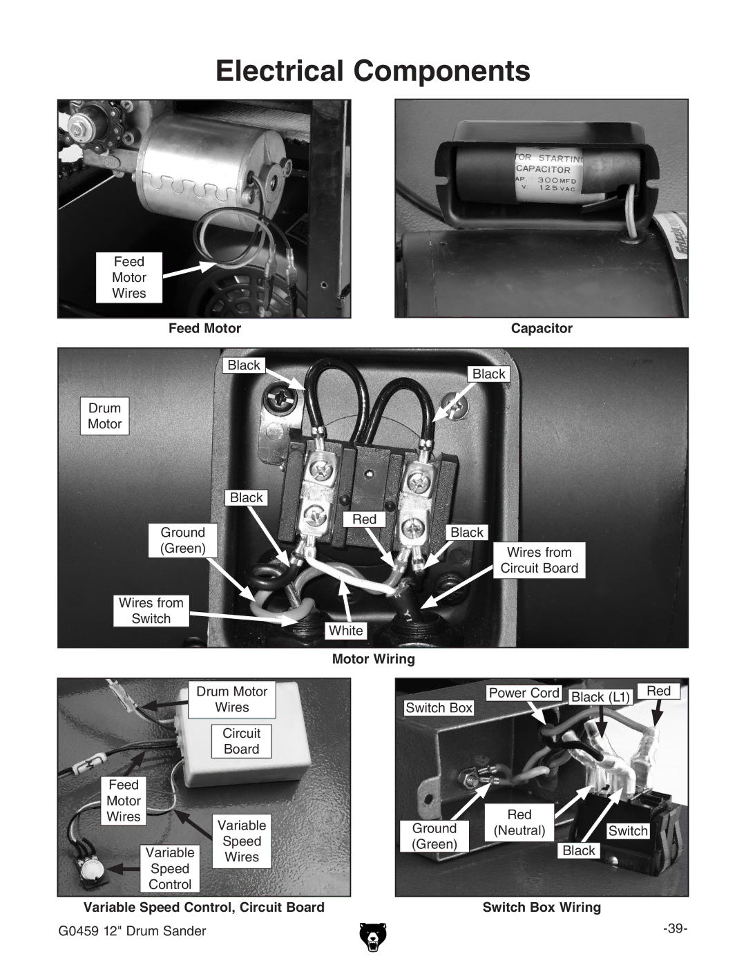 Grizzly G0459 owner manual Electrical Components, Feed Motor Capacitor, Motor Wiring, Variable Speed Control, Circuit Board 