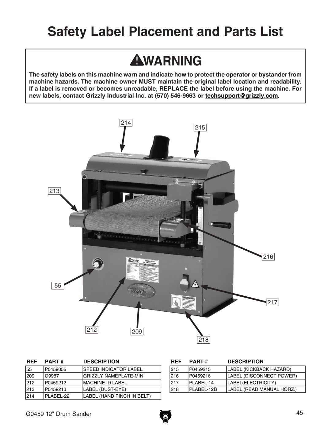 Grizzly G0459 owner manual Safety Label Placement and Parts List, 214 215 213 212 216 217 209 218 