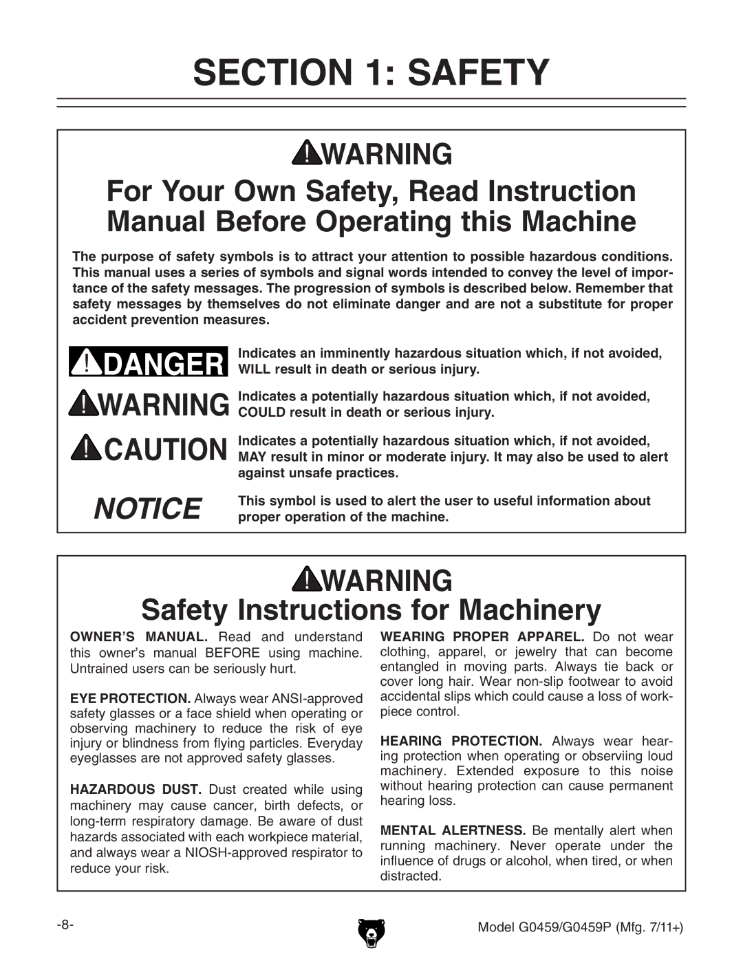 Grizzly G0459P owner manual Safety Instructions for Machinery 