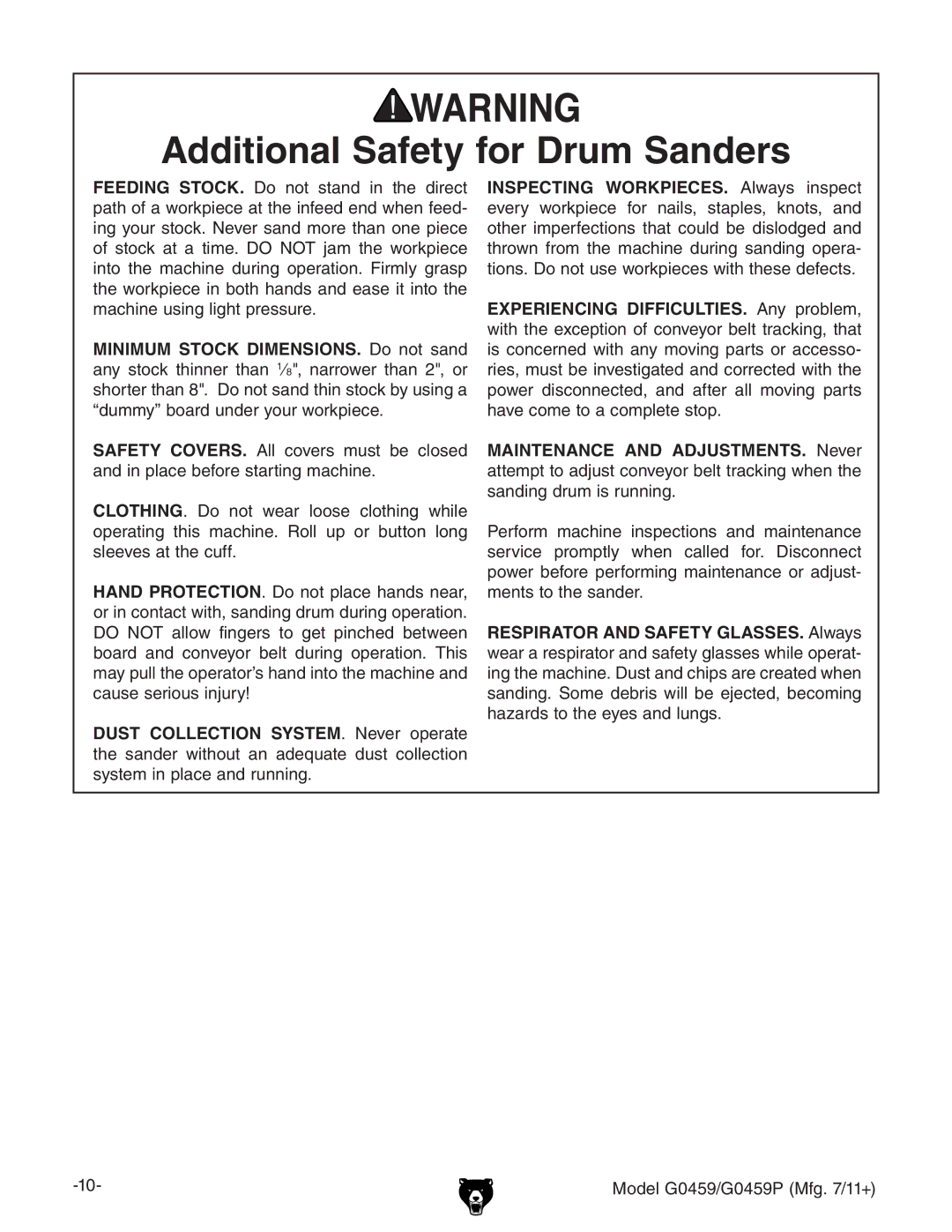 Grizzly G0459P owner manual Additional Safety for Drum Sanders 