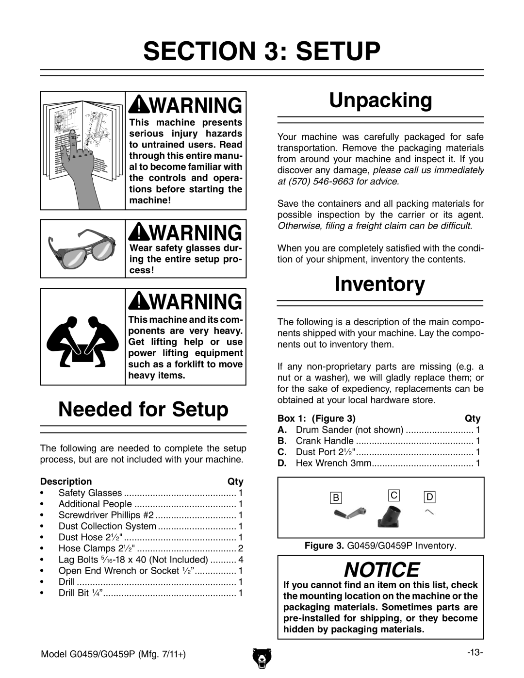 Grizzly G0459P owner manual Needed for Setup, Unpacking, Inventory 