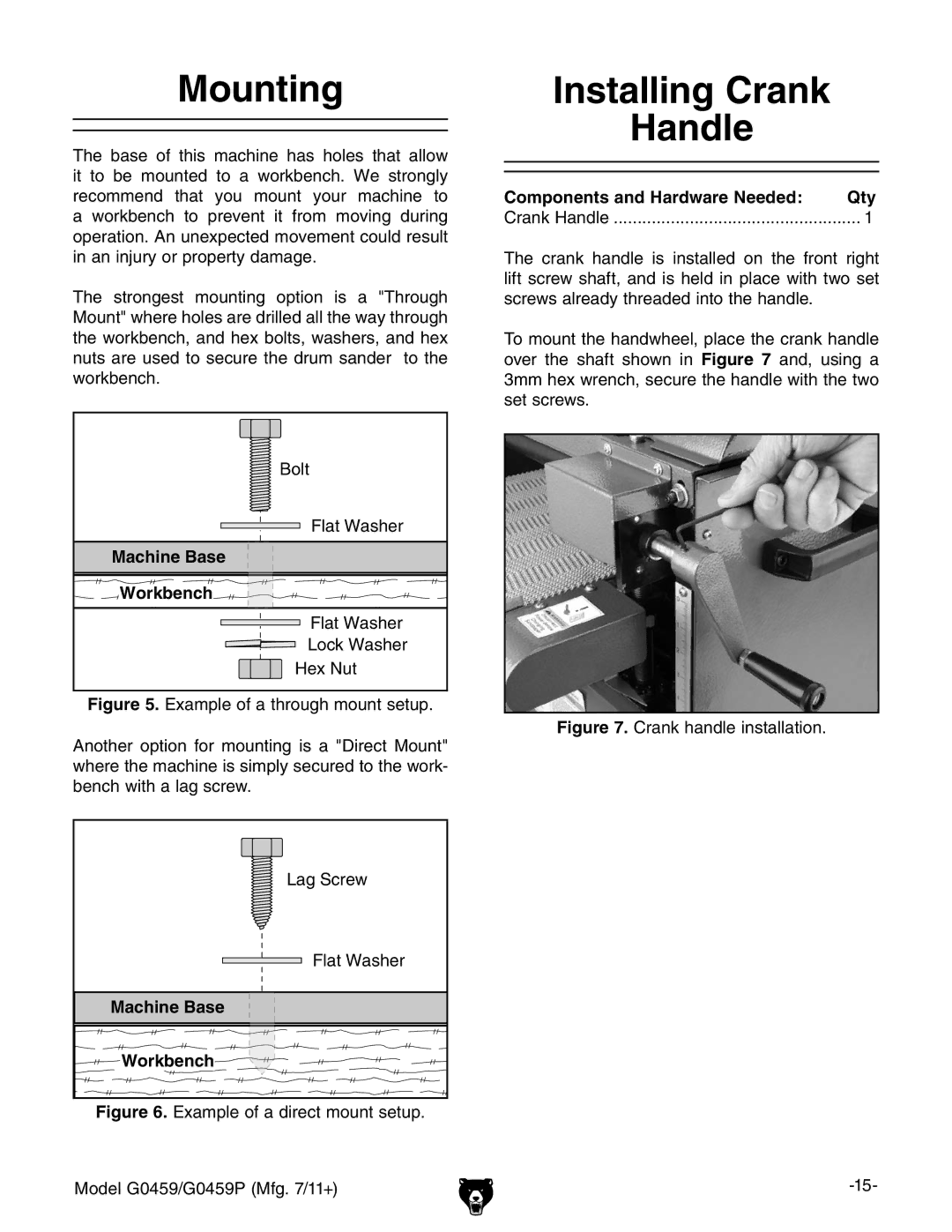 Grizzly G0459P owner manual Mounting, Installing Crank Handle, Components and Hardware Needed Qty 