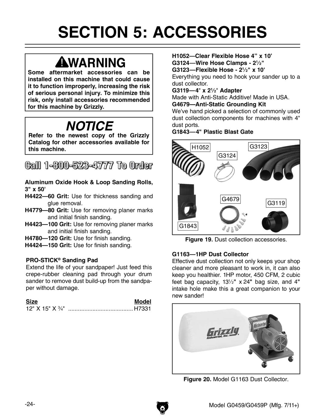 Grizzly G0459P Accessories, G4679-Anti-Static Grounding Kit, PRO-STICKSanding Pad, Size Model, G1163-1HP Dust Collector 