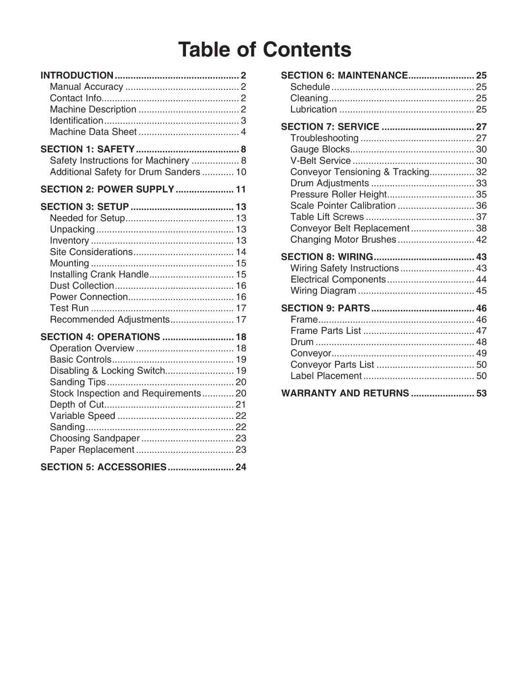 Grizzly G0459P owner manual Table of Contents 