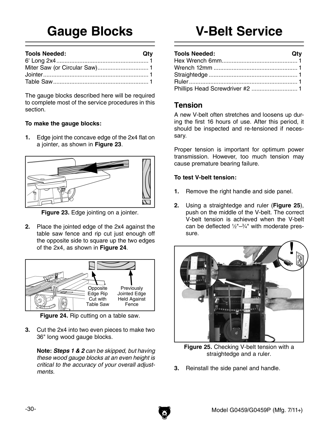 Grizzly G0459P owner manual Gauge Blocks, Belt Service, Tension 