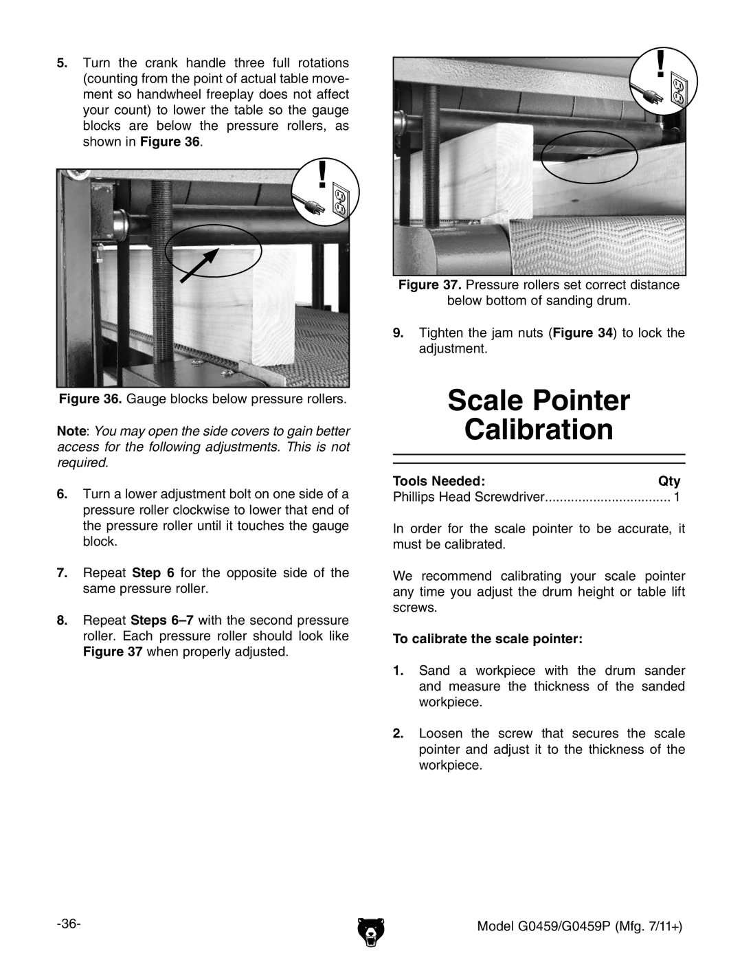 Grizzly G0459P Scale Pointer Calibration, Tools Needed Qty Phillips Head Screwdriver, To calibrate the scale pointer 