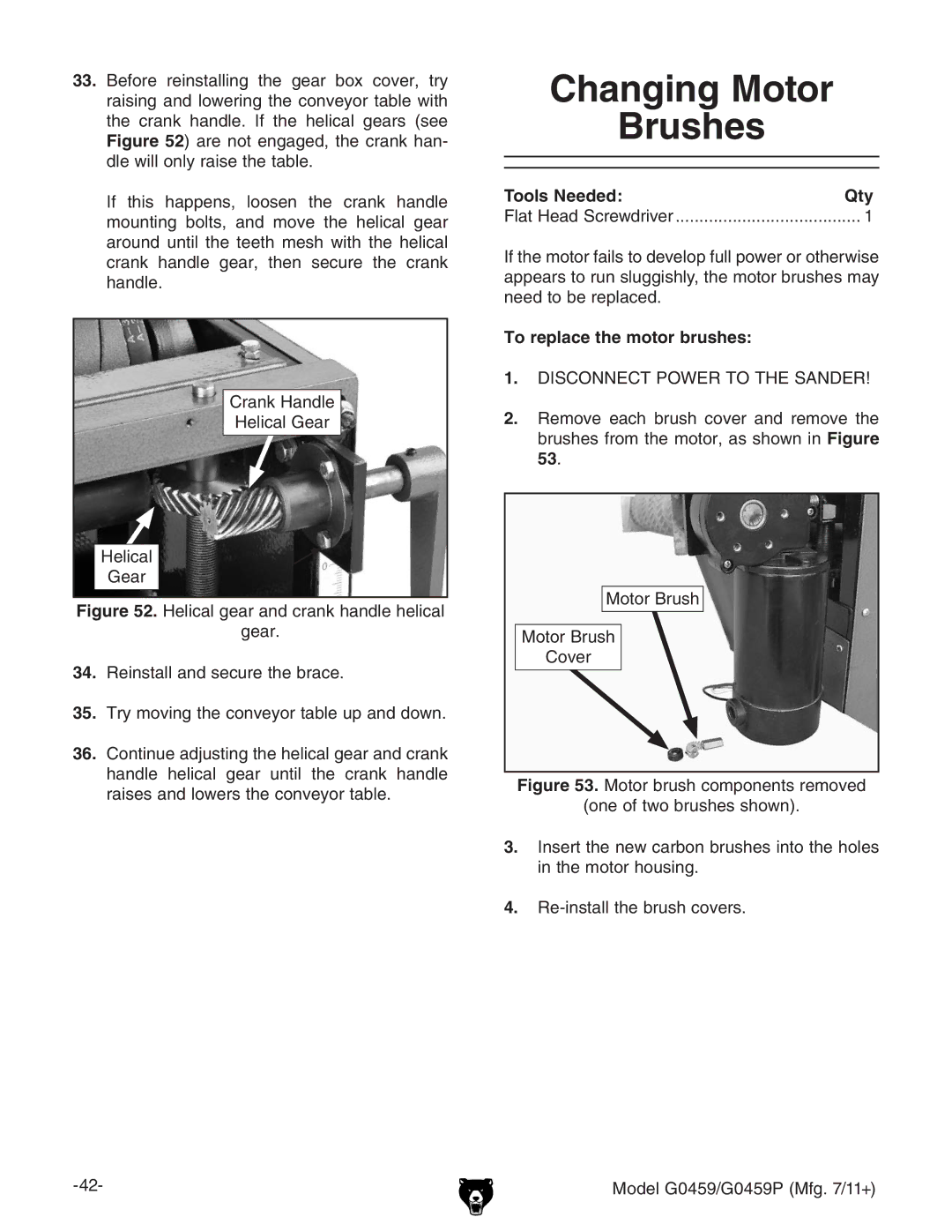 Grizzly G0459P owner manual Changing Motor Brushes, To replace the motor brushes 