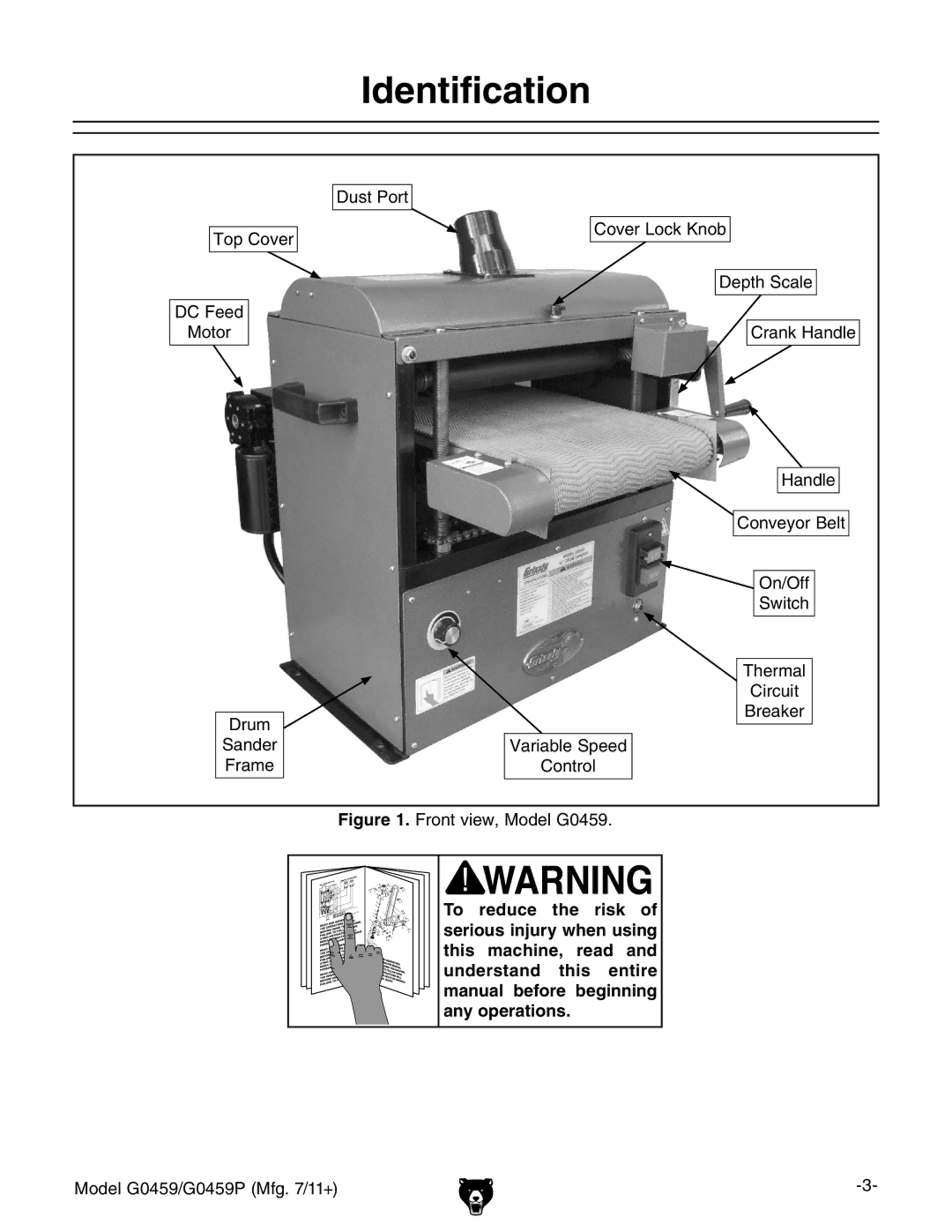 Grizzly G0459P owner manual Identification, Front view, Model G0459 