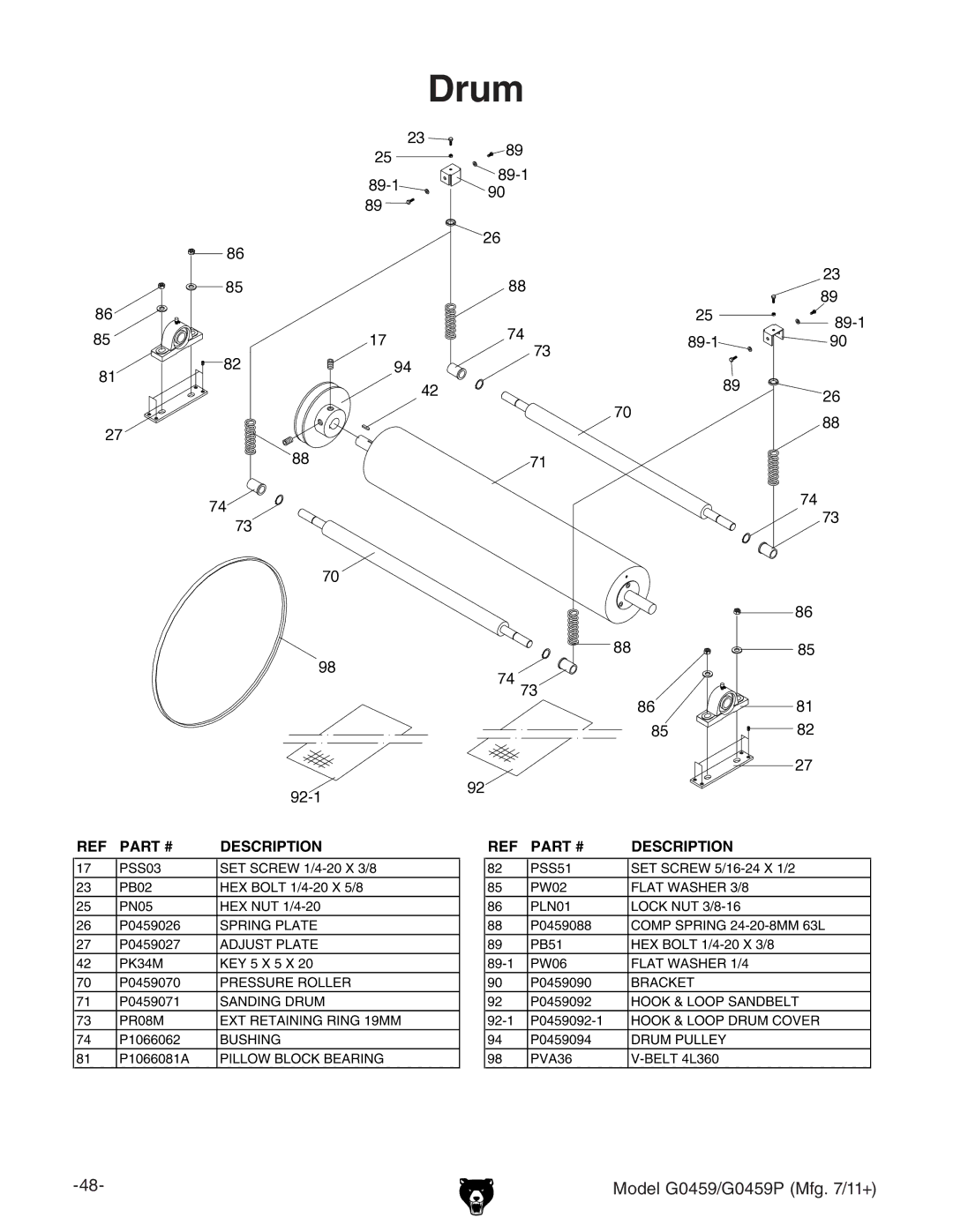 Grizzly G0459P owner manual Drum, Description 