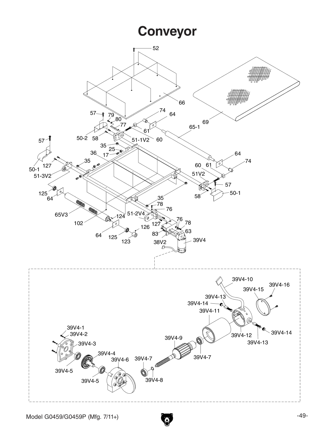 Grizzly G0459P owner manual Conveyor 
