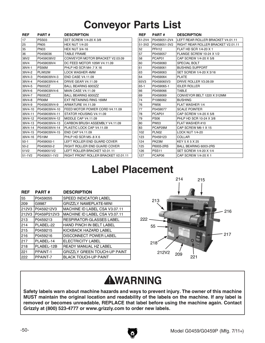 Grizzly G0459P owner manual Conveyor Parts List, Label Placement 