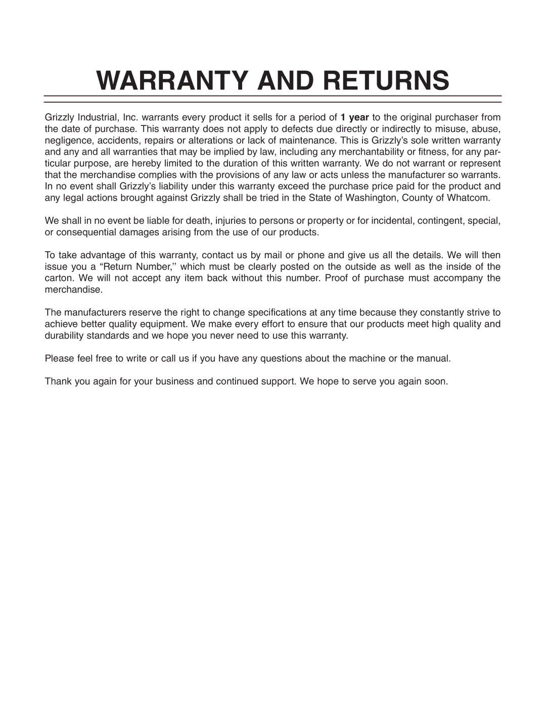 Grizzly G0459P owner manual Warranty and Returns 