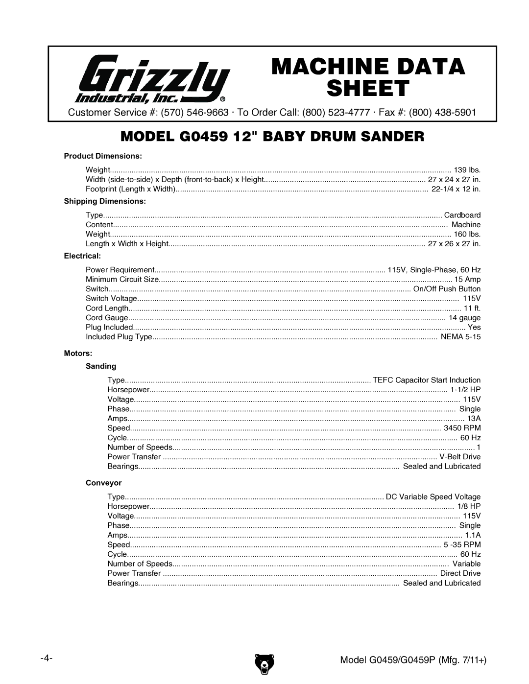 Grizzly G0459P owner manual $&+,1$7$ 