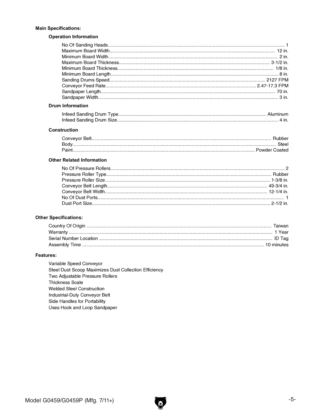 Grizzly G0459P owner manual Drum Information 