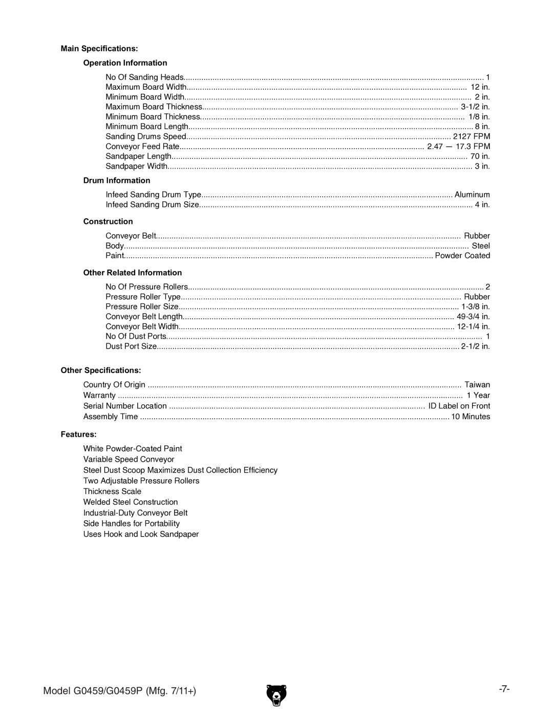 Grizzly G0459P owner manual Conveyor Feed Rate 47 17.3 FPM 