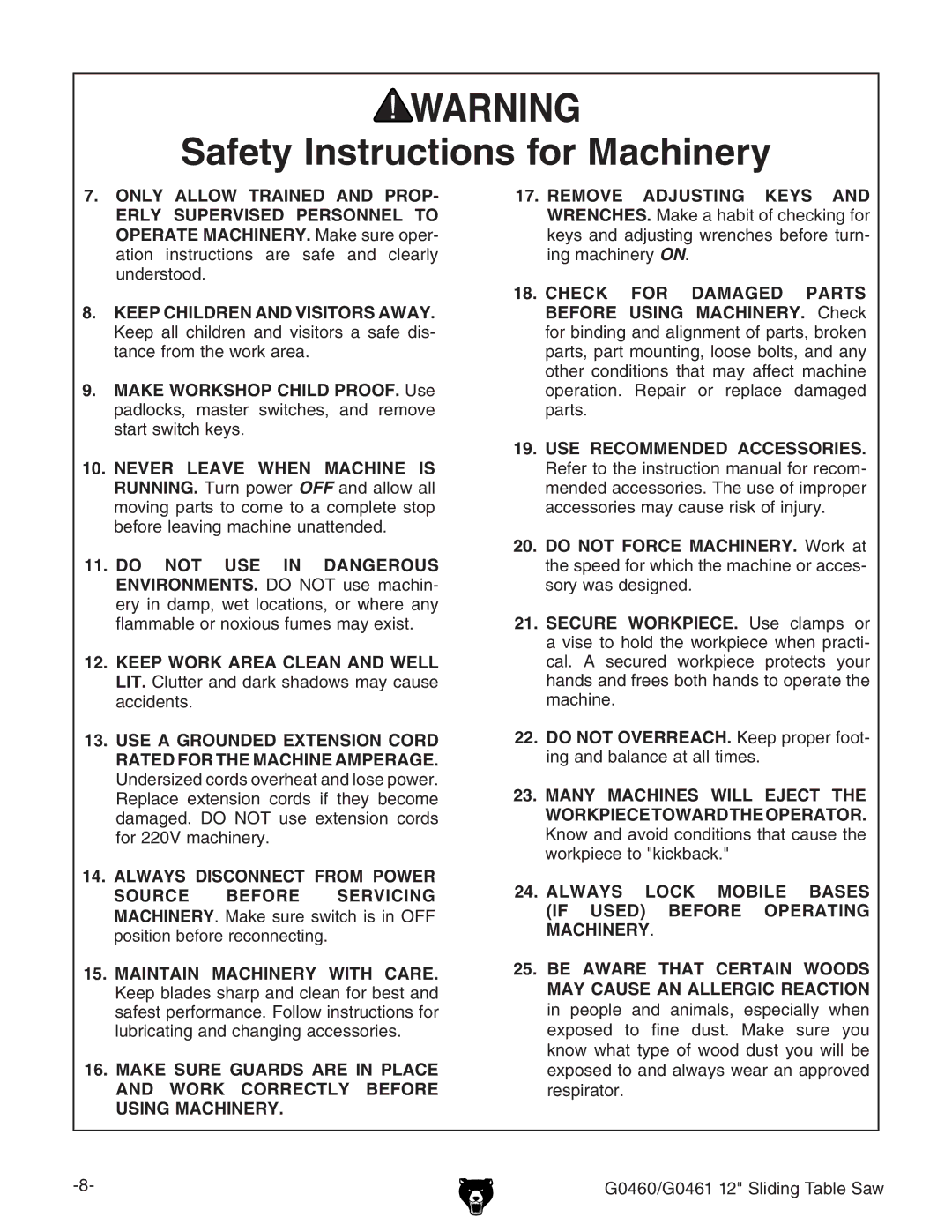 Grizzly G0460, G0461 owner manual Always Lock Mobile Bases if Used Before Operating Machinery 