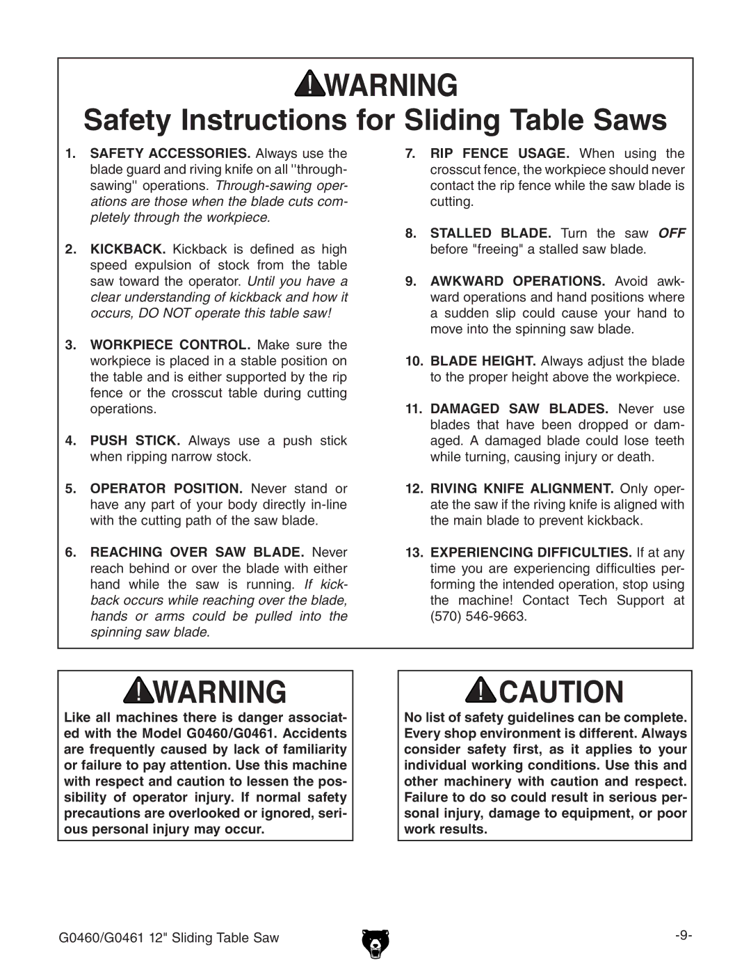 Grizzly G0461, G0460 owner manual Safety Instructions for Sliding Table Saws 