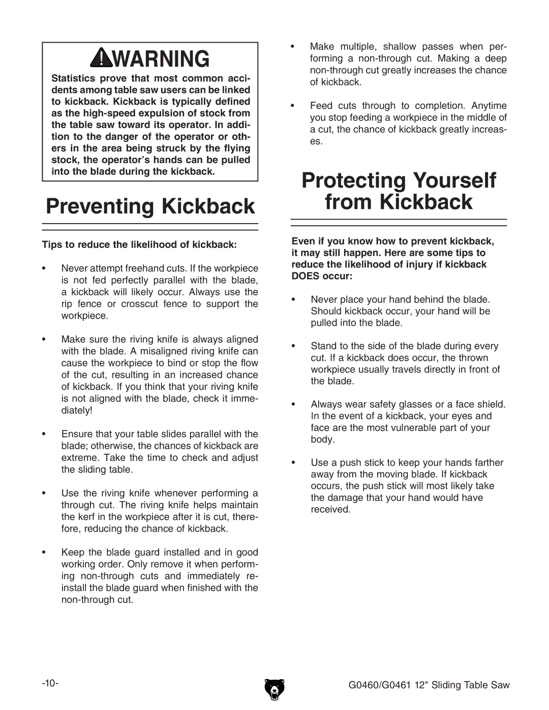 Grizzly G0460, G0461 Preventing Kickback, Protecting Yourself From Kickback, Tips to reduce the likelihood of kickback 