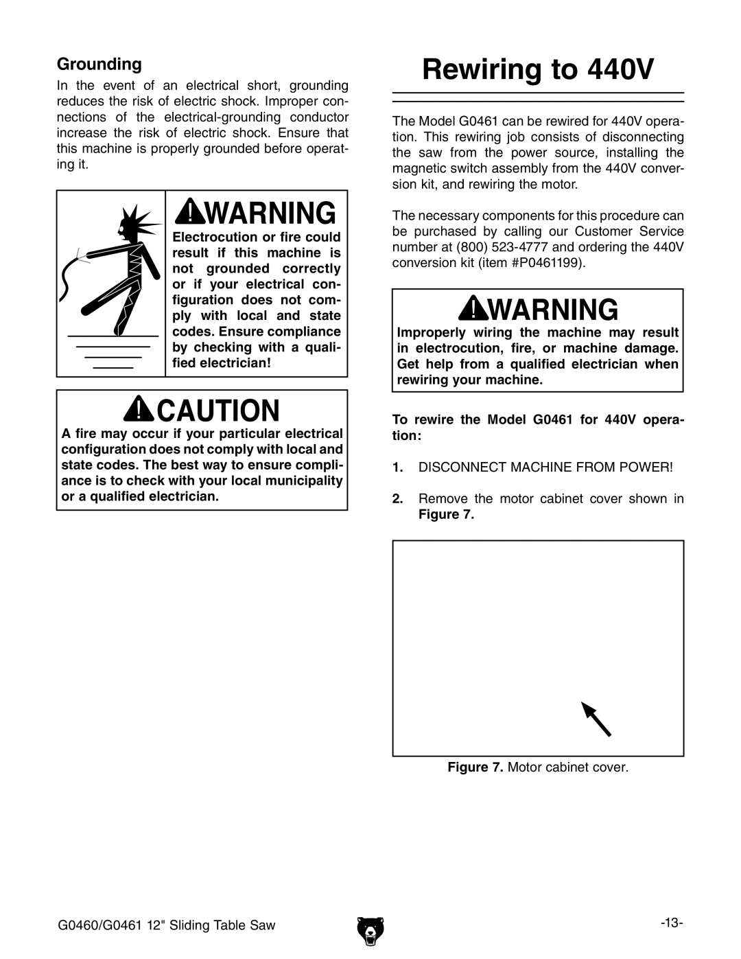 Grizzly G0461, G0460 owner manual Rewiring to, Grounding 