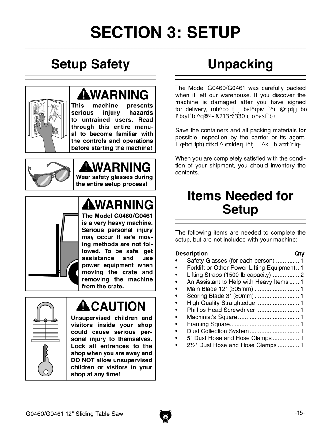 Grizzly G0461, G0460 owner manual Setup Safety Unpacking, Items Needed for Setup, Description Qty 