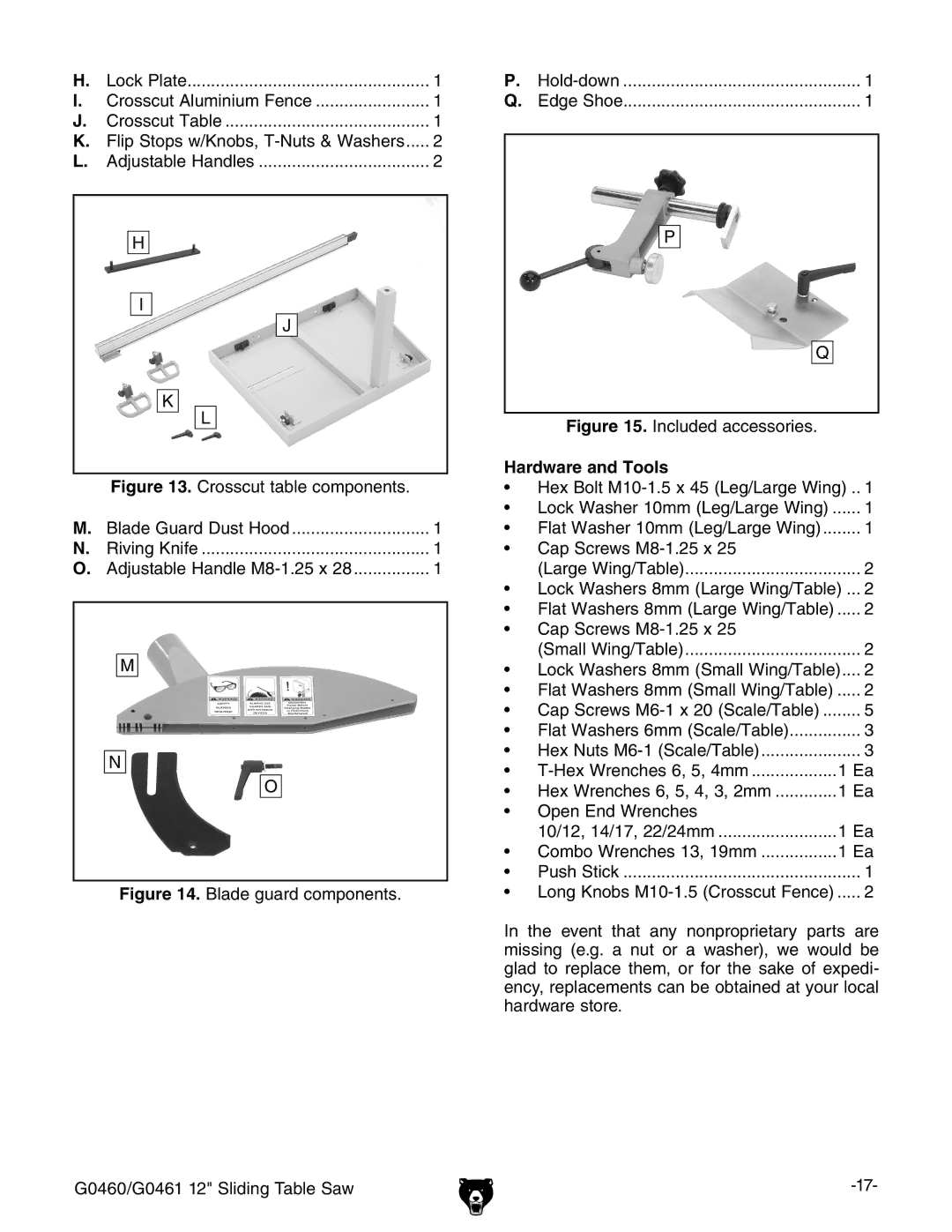 Grizzly G0461, G0460 owner manual Hardware and Tools, Lock Washers 8mm Small Wing/Table 