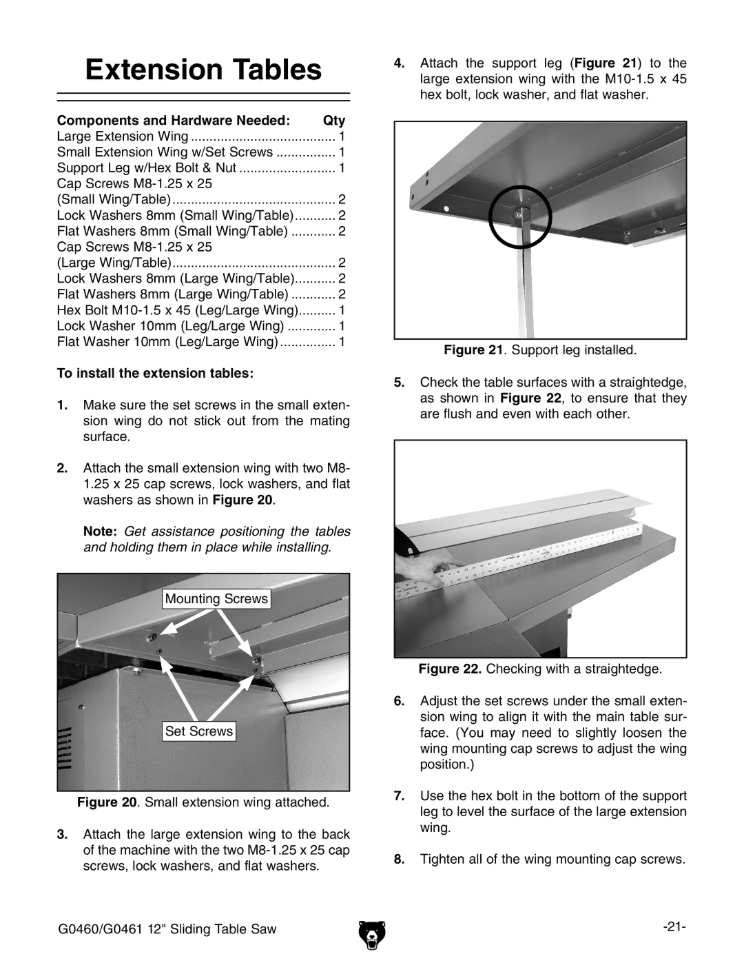 Grizzly G0461, G0460 owner manual Extension Tables, Components and Hardware Needed Qty, To install the extension tables 