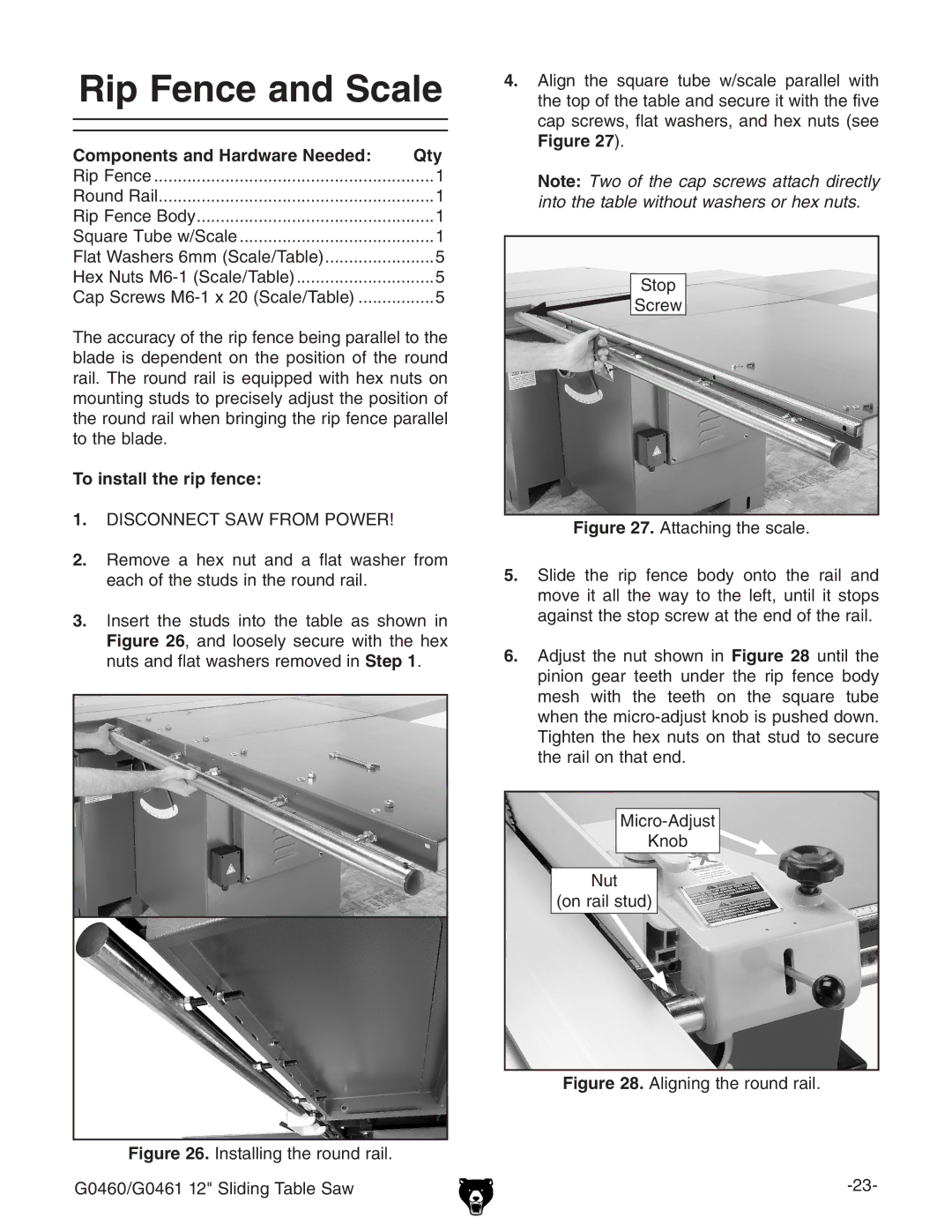 Grizzly G0461, G0460 owner manual Rip Fence and Scale, To install the rip fence 