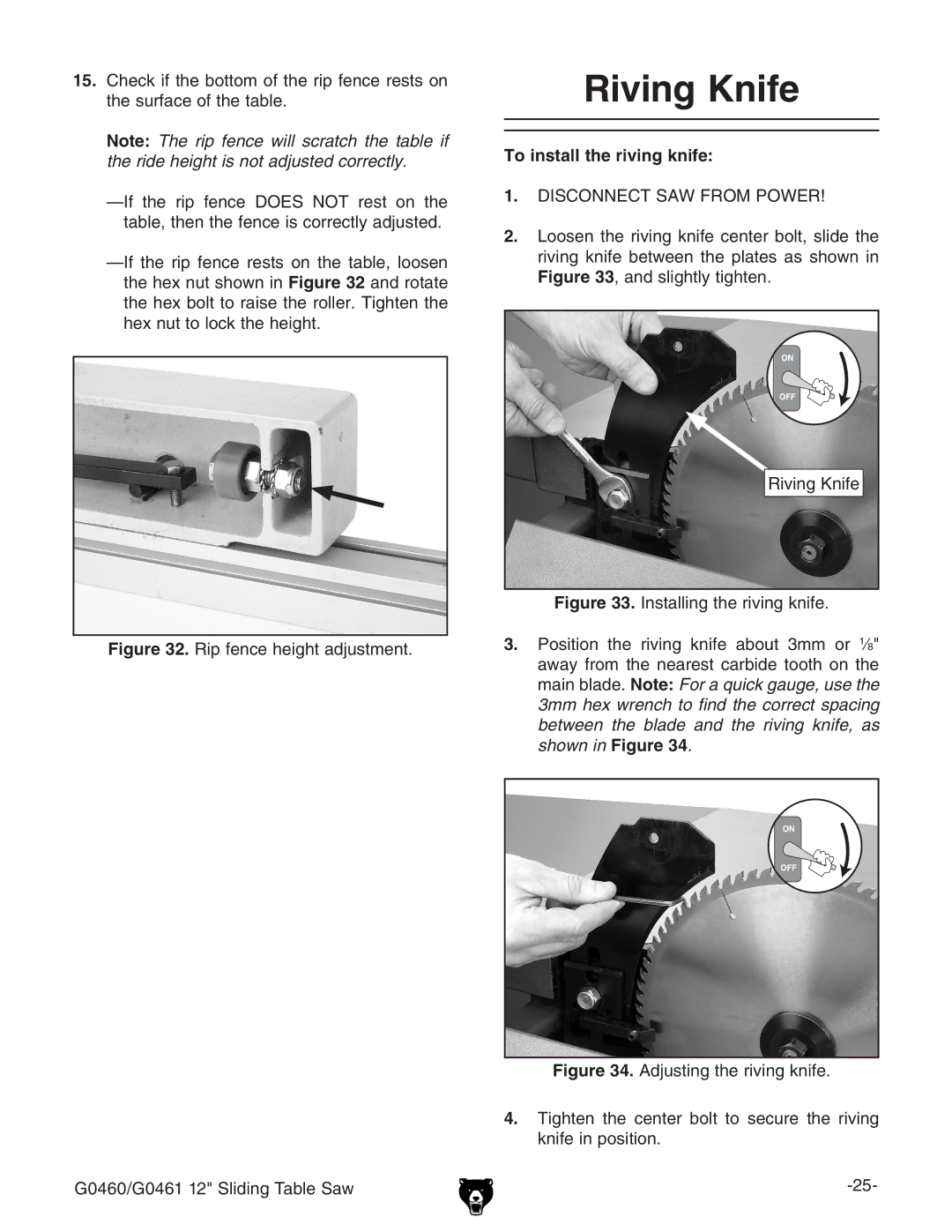 Grizzly G0461, G0460 owner manual Riving Knife, To install the riving knife 