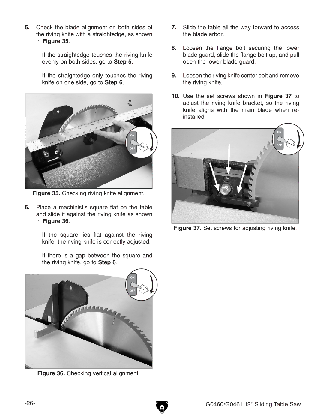 Grizzly G0460, G0461 owner manual Set screws for adjusting riving knife 