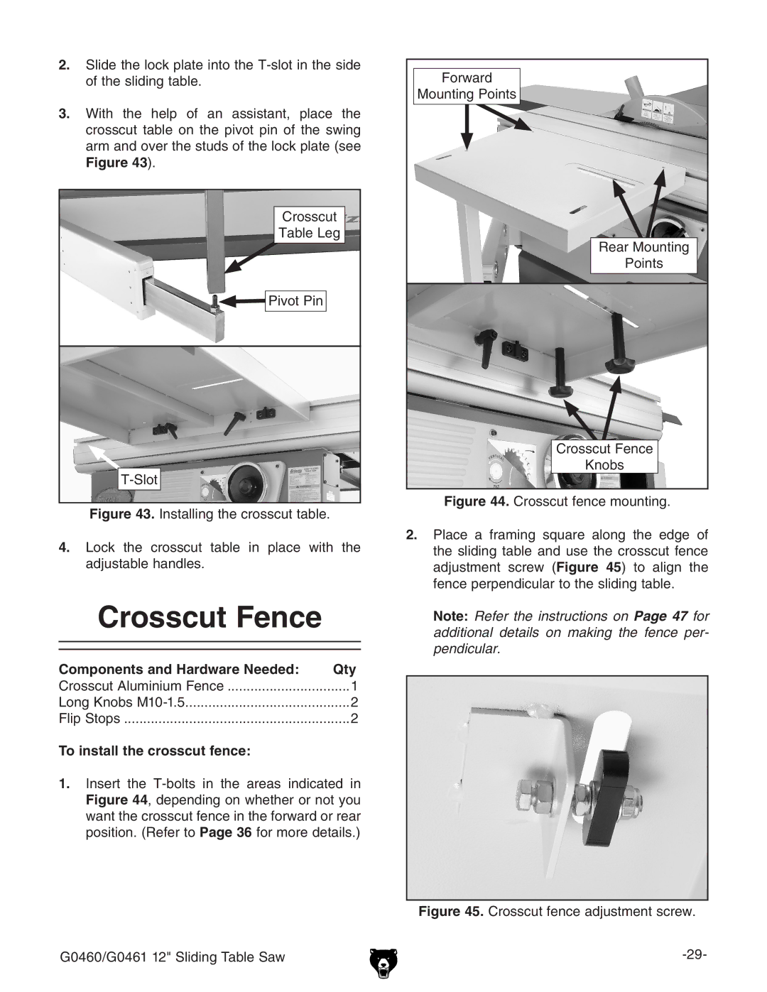 Grizzly G0461, G0460 owner manual Crosscut Fence, To install the crosscut fence 