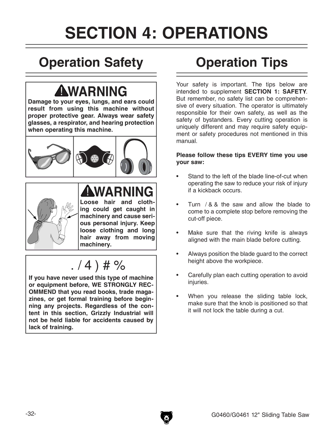 Grizzly G0460, G0461 Operations, Operation Safety, Operation Tips, Please follow these tips Every time you use your saw 