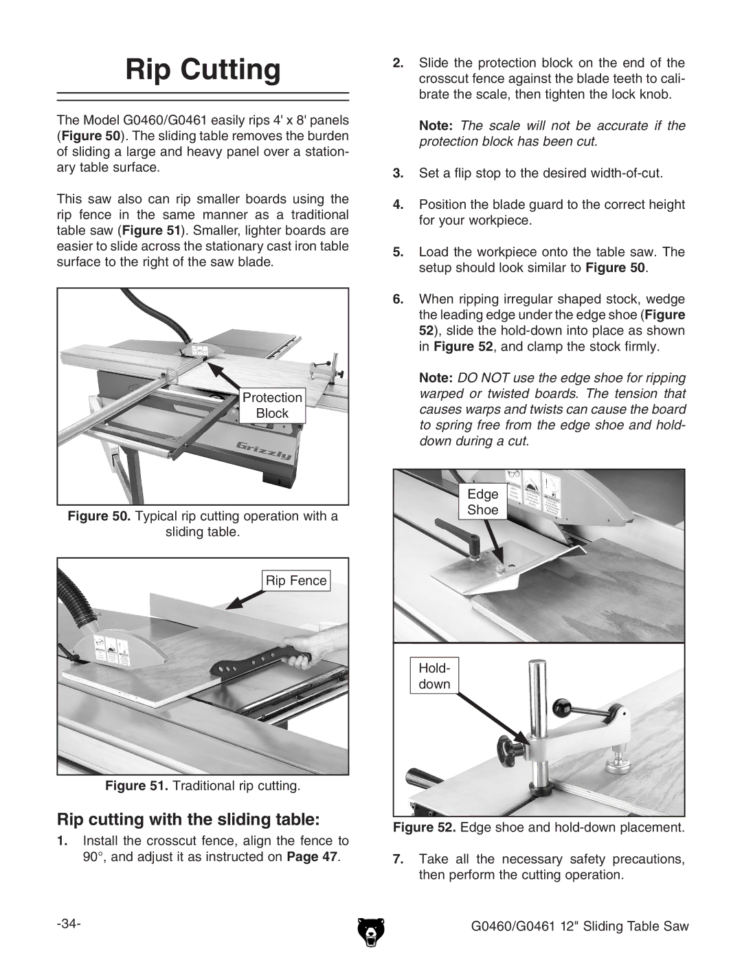 Grizzly G0460, G0461 owner manual Rip Cutting, Rip cutting with the sliding table 