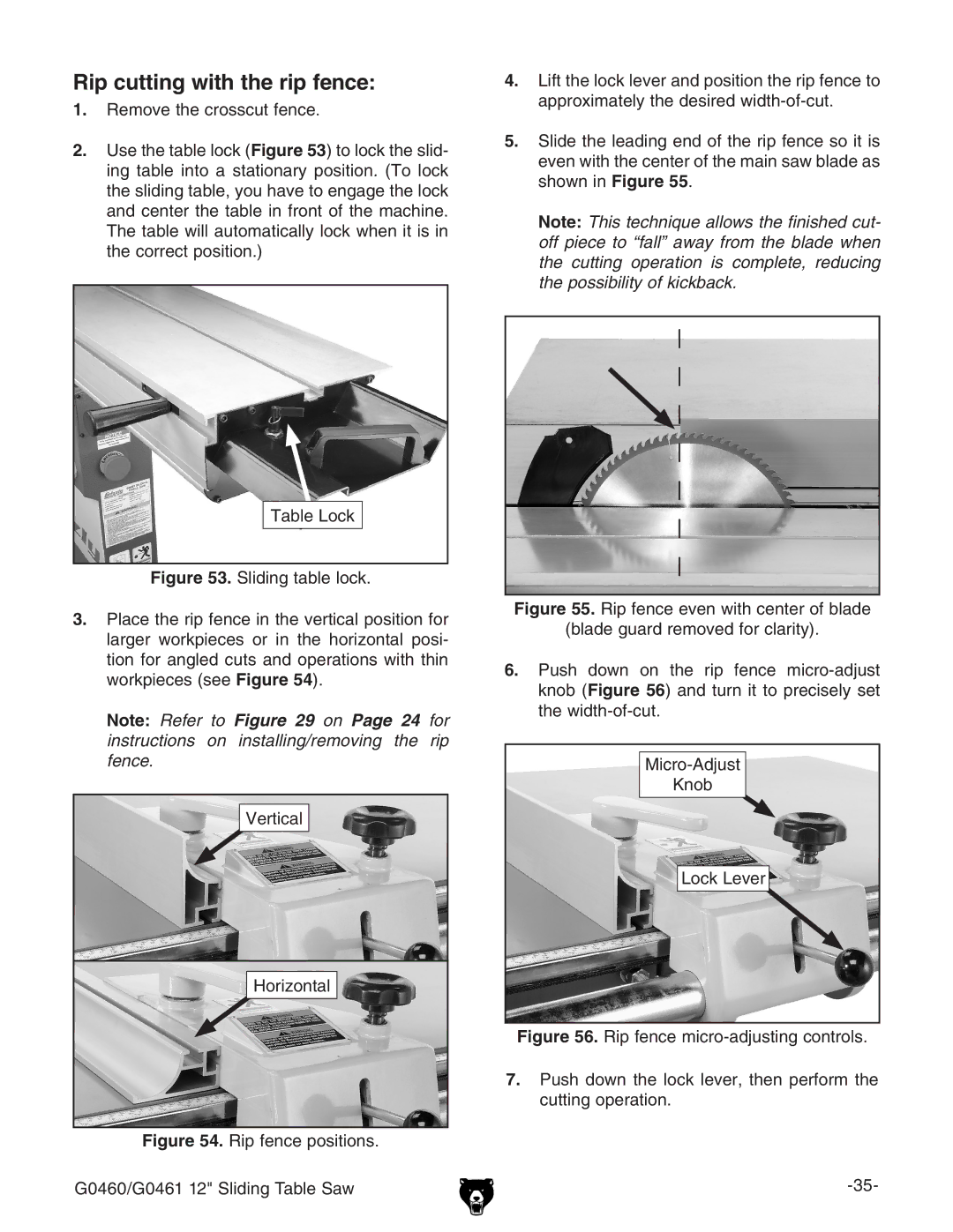 Grizzly G0461, G0460 owner manual Rip cutting with the rip fence 