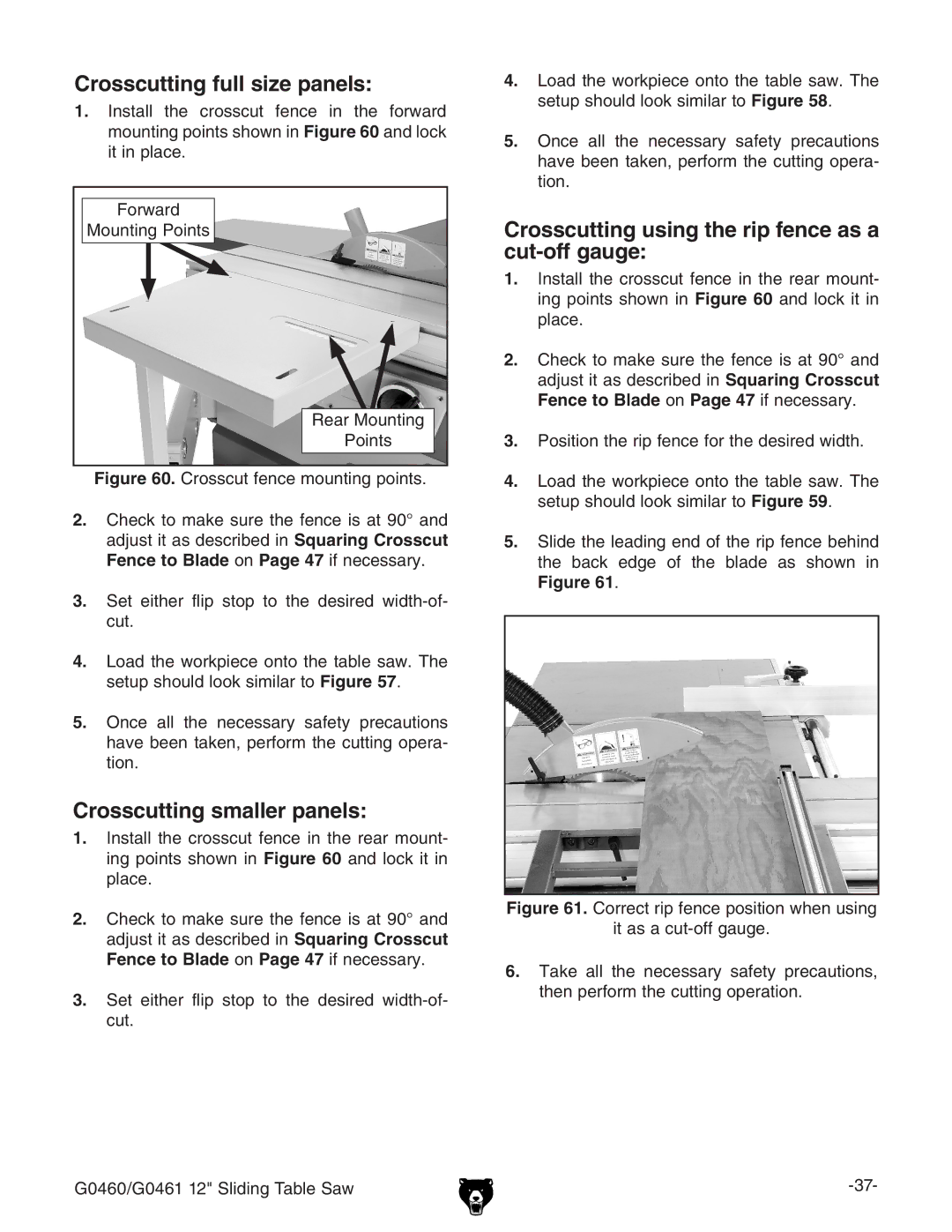 Grizzly G0461, G0460 owner manual Crosscutting full size panels, Crosscutting smaller panels 