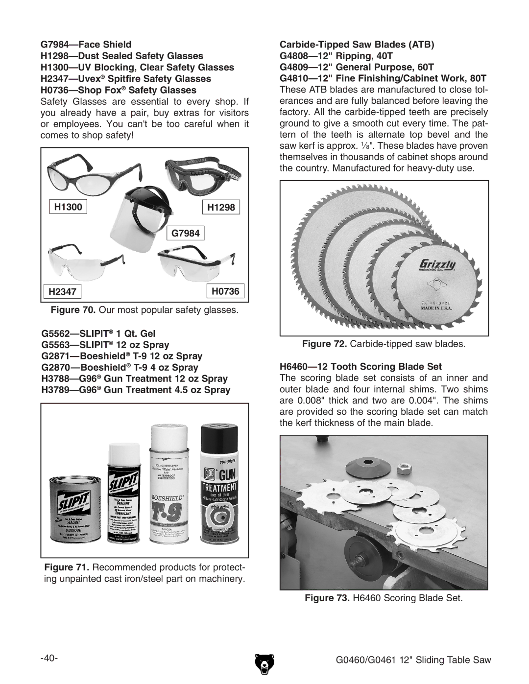 Grizzly G0460, G0461 owner manual H1300 H1298 G7984 H2347 H0736, H6460-12 Tooth Scoring Blade Set 