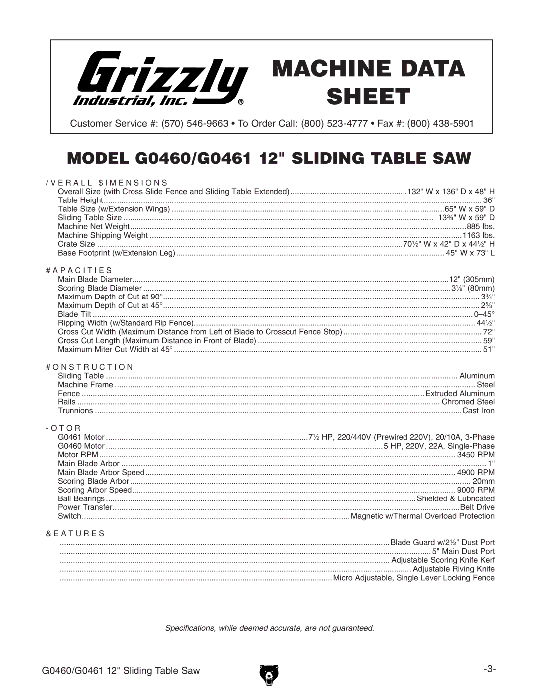 Grizzly G0461, G0460 owner manual Machine Data Sheet 