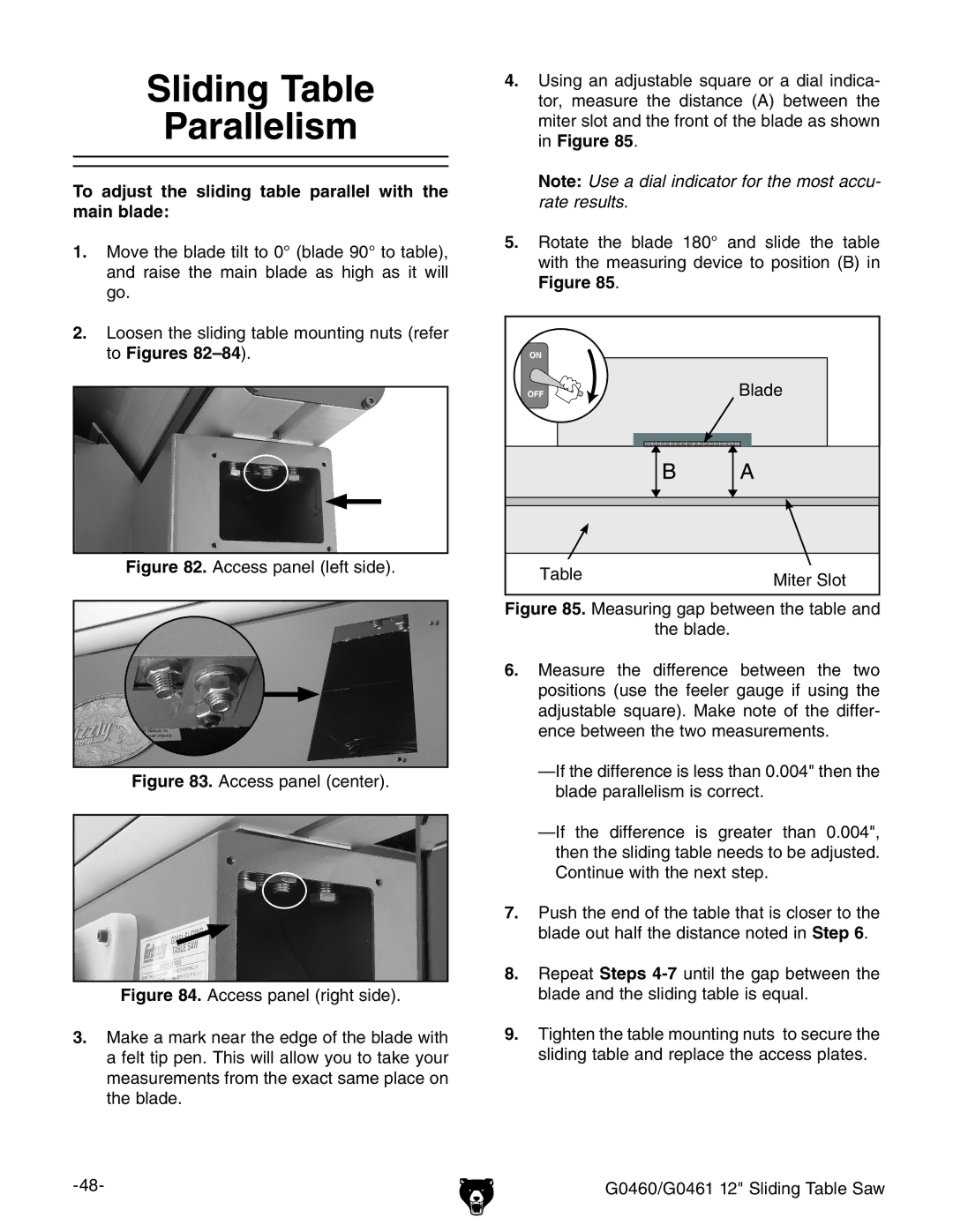 Grizzly G0460, G0461 owner manual Sliding Table Parallelism, To adjust the sliding table parallel with the main blade 