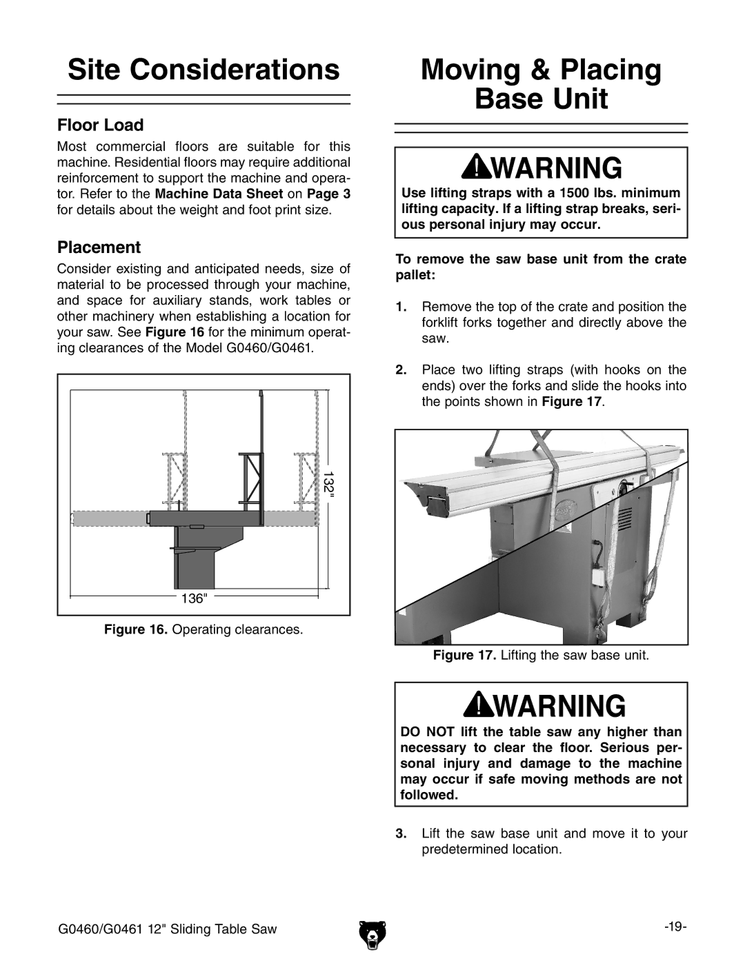 Grizzly G0460/G0461 owner manual Site Considerations, Moving & Placing Base Unit, Floor Load, Placement 