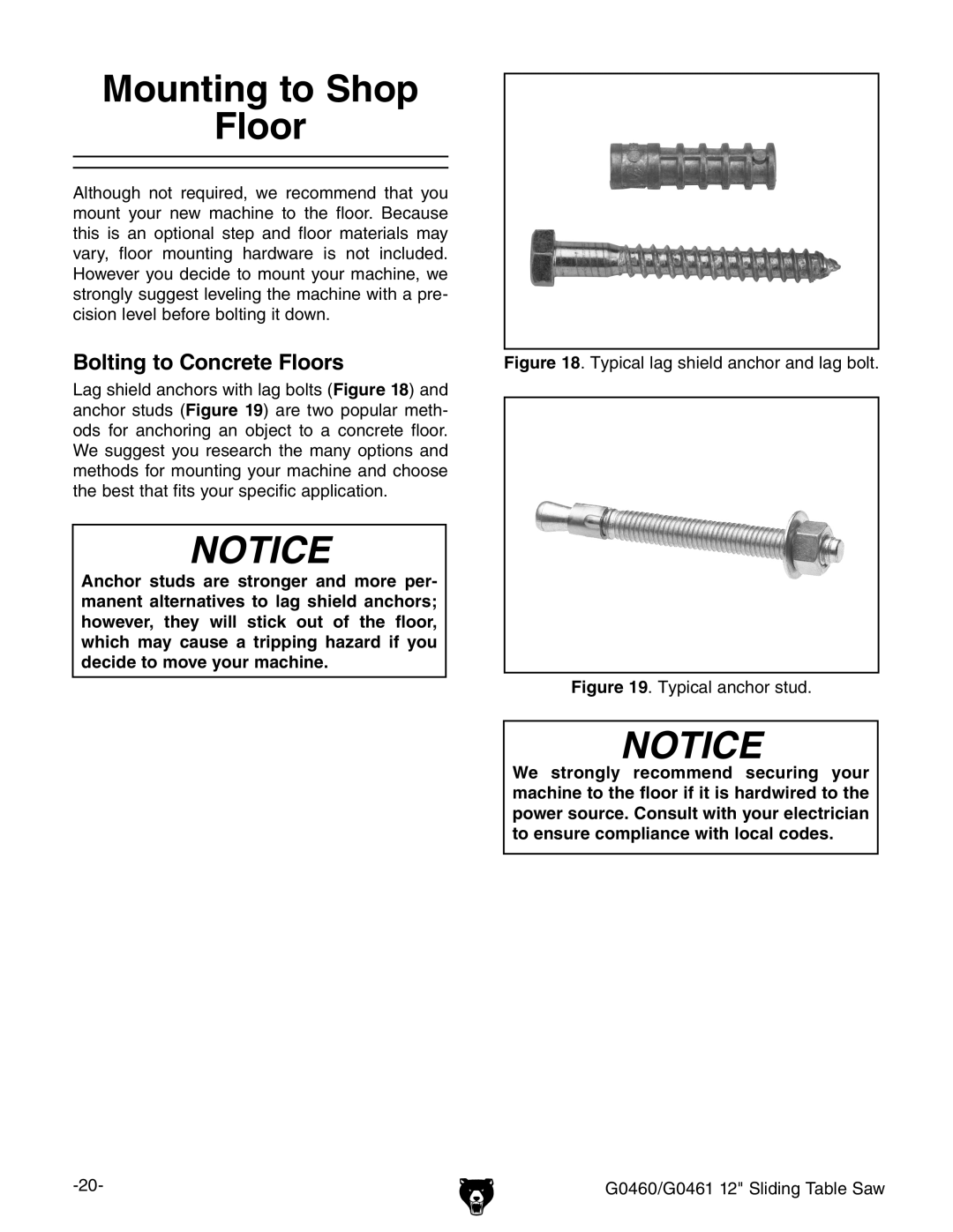 Grizzly G0460/G0461 owner manual Mounting to Shop Floor, Bolting to Concrete Floors 